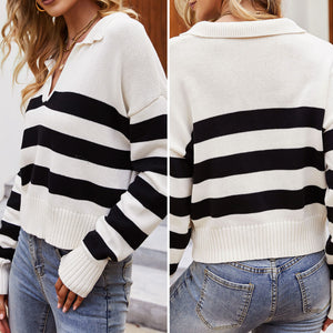 Women Sweaters Long Sleeve V-neck Sweater Black White Striped Pure Cotton Knit Loose Vintage Simple Elastic Ribbed Hem Pullovers