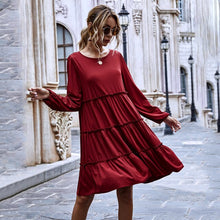 Load image into Gallery viewer, Women Sweet A Line Ruffle Dress Casual Loose O Neck Long Sleeve Solid Color Knee-Length Dress Female Fashion Dresses New Arrival