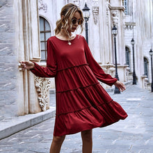 Load image into Gallery viewer, Women Sweet A Line Ruffle Dress Casual Loose O Neck Long Sleeve Solid Color Knee-Length Dress Female Fashion Dresses New Arrival