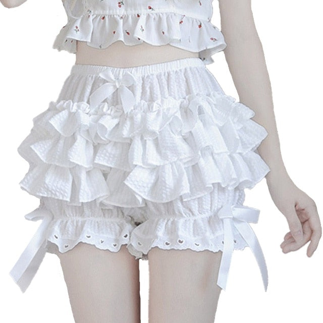 Women Sweet Lolita Pantaloons Costume Elastic Waist Layered Ruffle Lace Trim Lantern Shorts Bowknot Bubble Bloomers Under Shorts