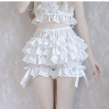 Load image into Gallery viewer, Women Sweet Lolita Pantaloons Costume Elastic Waist Layered Ruffle Lace Trim Lantern Shorts Bowknot Bubble Bloomers Under Shorts