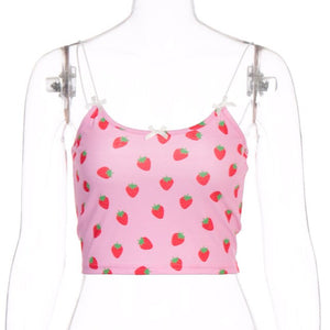 Women Sweet Strawberry Print Crop Tops Pink Bow Summer Beach Tanks Sun-tops Camisole