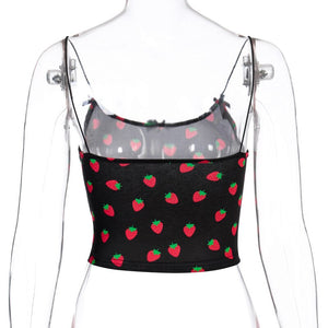 Women Sweet Strawberry Print Crop Tops Pink Bow Summer Beach Tanks Sun-tops Camisole