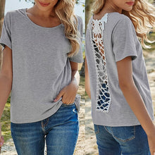 Load image into Gallery viewer, Women T-Shirt New Fashion 2021 Short Sleeve Round Neck Sexy Lace Back Hollow Out  Loose Fit Spring Summer Mujer Tops Grey
