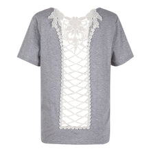 Load image into Gallery viewer, Women T-Shirt New Fashion 2021 Short Sleeve Round Neck Sexy Lace Back Hollow Out  Loose Fit Spring Summer Mujer Tops Grey