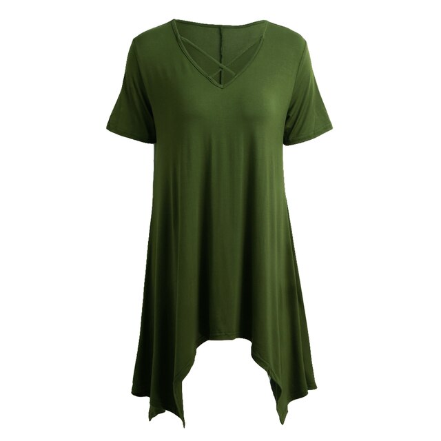 Women T-Shirt Sexy V Neck Criss Cross Asymmetric Design Solid Plus Size 3XL Loose Casual Female Tunic Tops Black/Grey/Green