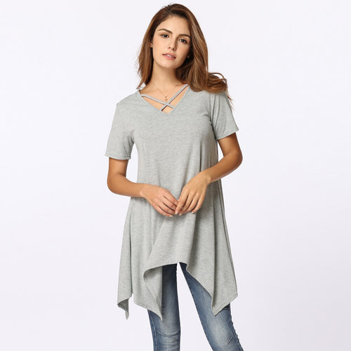 Women T-Shirt Sexy V Neck Criss Cross Asymmetric Design Solid Plus Size 3XL Loose Casual Female Tunic Tops Black/Grey/Green