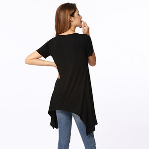 Women T-Shirt Sexy V Neck Criss Cross Asymmetric Design Solid Plus Size 3XL Loose Casual Female Tunic Tops Black/Grey/Green