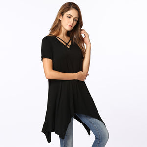 Women T-Shirt Sexy V Neck Criss Cross Asymmetric Design Solid Plus Size 3XL Loose Casual Female Tunic Tops Black/Grey/Green