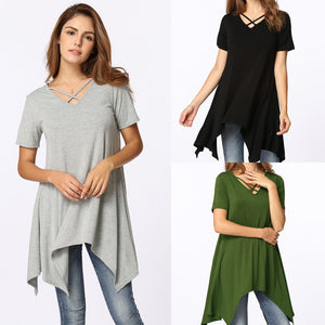 Women T-Shirt Sexy V Neck Criss Cross Asymmetric Design Solid Plus Size 3XL Loose Casual Female Tunic Tops Black/Grey/Green