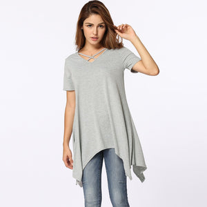 Women T-Shirt Sexy V Neck Criss Cross Asymmetric Design Solid Plus Size 3XL Loose Casual Female Tunic Tops Black/Grey/Green