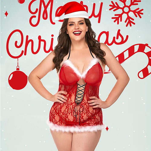 Women Temptation Christmas Lingerie  Sexy Halter Sleeveless Sheer Bodysuit Stockings Cosplay Nightwear