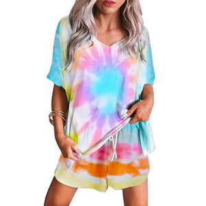 Women Tie Dye V Neck Short Sleeve Loose T-shirt Blouse Shorts Sleepwear Set Tie Dye Loose Style Comfortable to Wear Pajama