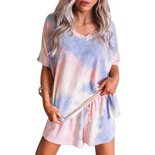 Load image into Gallery viewer, Women Tie Dye V Neck Short Sleeve Loose T-shirt Blouse Shorts Sleepwear Set Tie Dye Loose Style Comfortable to Wear Pajama