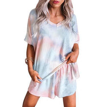 Load image into Gallery viewer, Women Tie Dye V Neck Short Sleeve Loose T-shirt Blouse Shorts Sleepwear Set Tie Dye Loose Style Comfortable to Wear Pajama
