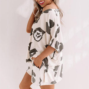 Women Tie Dye V Neck Short Sleeve Loose T-shirt Blouse Shorts Sleepwear Set Tie Dye Loose Style Comfortable to Wear Pajama