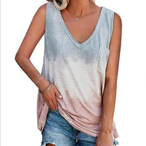 Women Tie dye Printing Loose Casual Tanks With Chest Pocket Color Matching Sleeveless T-shirt Top V-Neck Lady Tank