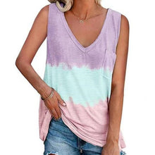 Load image into Gallery viewer, Women Tie dye Printing Loose Casual Tanks With Chest Pocket Color Matching Sleeveless T-shirt Top V-Neck Lady Tank