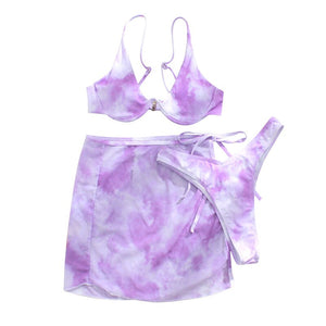 Women Tie-dye Split Swimsuit Set Backless Bikini+Panties+See-through Lace-up Cover Ups