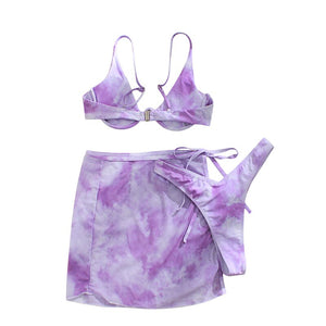 Women Tie-dye Split Swimsuit Set Backless Bikini+Panties+See-through Lace-up Cover Ups