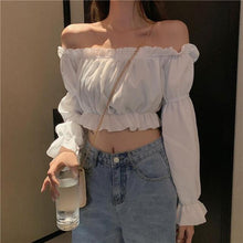 Load image into Gallery viewer, Women Top Sexy Blouse Off Shoulder Top Long Sleeve Solid Color White Shirt Puff Sleeve Ruffle Tunic Crop Top Summer Tube Top