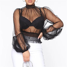 Load image into Gallery viewer, Women Top Sexy See-Through Mesh Polka-Dot Pleated Waist Long Sleeved Polyester V Neck Black Beige Fashion Beautiful