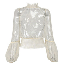 Load image into Gallery viewer, Women Top Sexy See-Through Mesh Polka-Dot Pleated Waist Long Sleeved Polyester V Neck Black Beige Fashion Beautiful