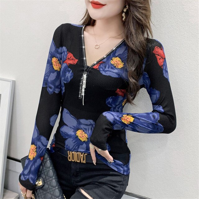 Women Tops And Blouse Floral Print Vintage Blouse Shirt Korean Fashion Sexy Slim Mesh Shirts Undershirt Blusa Feminina