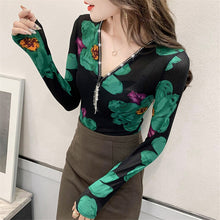 Load image into Gallery viewer, Women Tops And Blouse Floral Print Vintage Blouse Shirt Korean Fashion Sexy Slim Mesh Shirts Undershirt Blusa Feminina