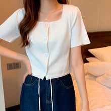 Load image into Gallery viewer, Women Tshirt Tops Knit Square Collar Short Sleeve Female Knitted Cardigan T-shirt Buttton Drawstring Solid Summer Casual Sweet
