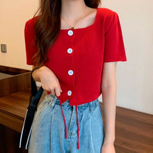 Load image into Gallery viewer, Women Tshirt Tops Knit Square Collar Short Sleeve Female Knitted Cardigan T-shirt Buttton Drawstring Solid Summer Casual Sweet