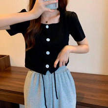 Load image into Gallery viewer, Women Tshirt Tops Knit Square Collar Short Sleeve Female Knitted Cardigan T-shirt Buttton Drawstring Solid Summer Casual Sweet