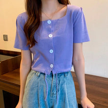 Load image into Gallery viewer, Women Tshirt Tops Knit Square Collar Short Sleeve Female Knitted Cardigan T-shirt Buttton Drawstring Solid Summer Casual Sweet