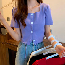 Load image into Gallery viewer, Women Tshirt Tops Knit Square Collar Short Sleeve Female Knitted Cardigan T-shirt Buttton Drawstring Solid Summer Casual Sweet
