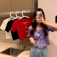 Load image into Gallery viewer, Women Tshirt Tops Knit Square Collar Short Sleeve Female Knitted Cardigan T-shirt Buttton Drawstring Solid Summer Casual Sweet