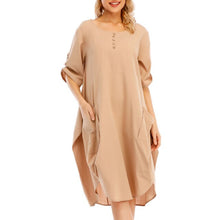 Load image into Gallery viewer, Women Tunic Dress Roll-up Short Sleeve Comfortable Cotton Pockets Irregular Hem Solid Baggy Midi Dress Summer Vestido Female