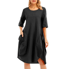 Load image into Gallery viewer, Women Tunic Dress Roll-up Short Sleeve Comfortable Cotton Pockets Irregular Hem Solid Baggy Midi Dress Summer Vestido Female