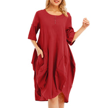 Load image into Gallery viewer, Women Tunic Dress Roll-up Short Sleeve Comfortable Cotton Pockets Irregular Hem Solid Baggy Midi Dress Summer Vestido Female