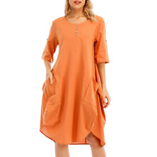 Load image into Gallery viewer, Women Tunic Dress Roll-up Short Sleeve Comfortable Cotton Pockets Irregular Hem Solid Baggy Midi Dress Summer Vestido Female