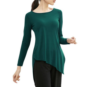 Women Tunic Tops for Dance Asymmetrical Hemline Shirts Elastic Breathable Long Sleeve O-Neck Solid Flowy Casual Tees Dancewear