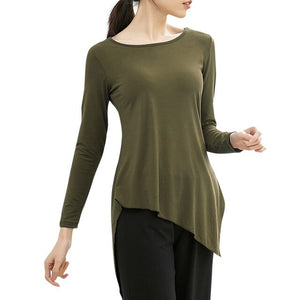 Women Tunic Tops for Dance Asymmetrical Hemline Shirts Elastic Breathable Long Sleeve O-Neck Solid Flowy Casual Tees Dancewear