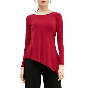 Women Tunic Tops for Dance Asymmetrical Hemline Shirts Elastic Breathable Long Sleeve O-Neck Solid Flowy Casual Tees Dancewear