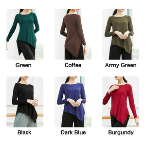 Women Tunic Tops for Dance Asymmetrical Hemline Shirts Elastic Breathable Long Sleeve O-Neck Solid Flowy Casual Tees Dancewear