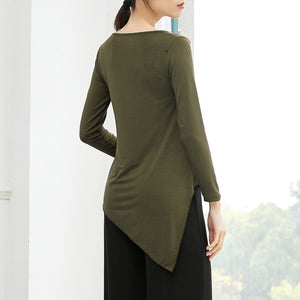 Women Tunic Tops for Dance Asymmetrical Hemline Shirts Elastic Breathable Long Sleeve O-Neck Solid Flowy Casual Tees Dancewear