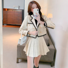 Load image into Gallery viewer, Women Tweed Sets Korean Chic Double Breasted Button Crop Blazer Coat + High Waist Mini Pleated Skirts Two Piece Set