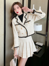 Load image into Gallery viewer, Women Tweed Sets Korean Chic Double Breasted Button Crop Blazer Coat + High Waist Mini Pleated Skirts Two Piece Set