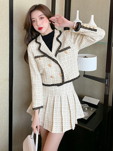 Women Tweed Sets Korean Chic Double Breasted Button Crop Blazer Coat + High Waist Mini Pleated Skirts Two Piece Set