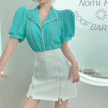 Load image into Gallery viewer, Women Two Piece Set Hollow Out Puff Pearl Lapel Short-sleeved Top Irregular High-waist A-line Package Hip Skirt Ensembles Femme