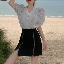 Load image into Gallery viewer, Women Two Piece Set Hollow Out Puff Pearl Lapel Short-sleeved Top Irregular High-waist A-line Package Hip Skirt Ensembles Femme