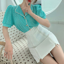 Load image into Gallery viewer, Women Two Piece Set Hollow Out Puff Pearl Lapel Short-sleeved Top Irregular High-waist A-line Package Hip Skirt Ensembles Femme